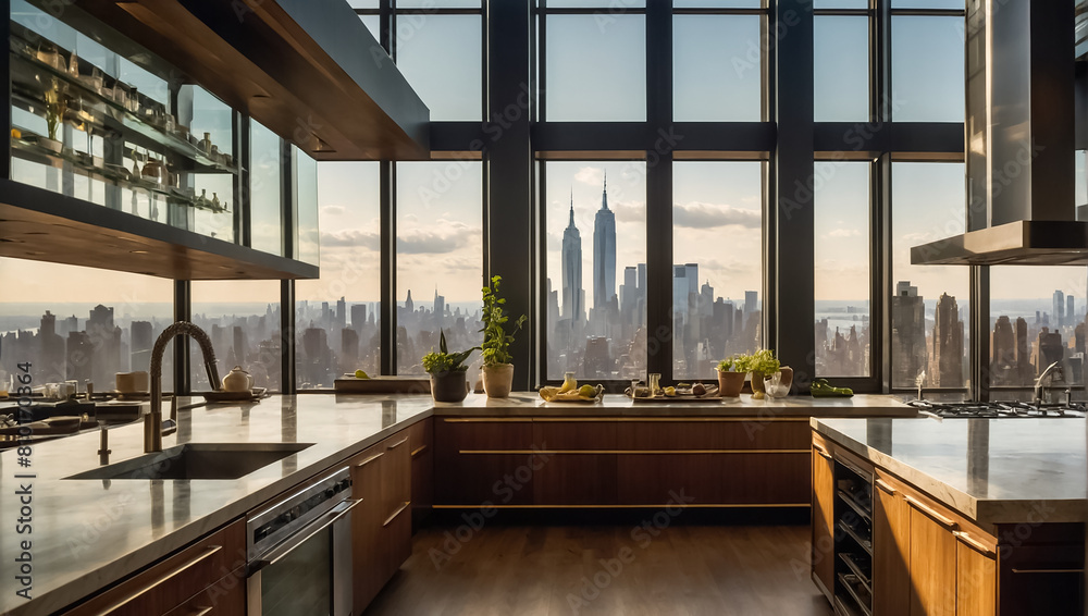 Fototapeta premium Beautiful modern kitchen with panoramic windows overlooking New York