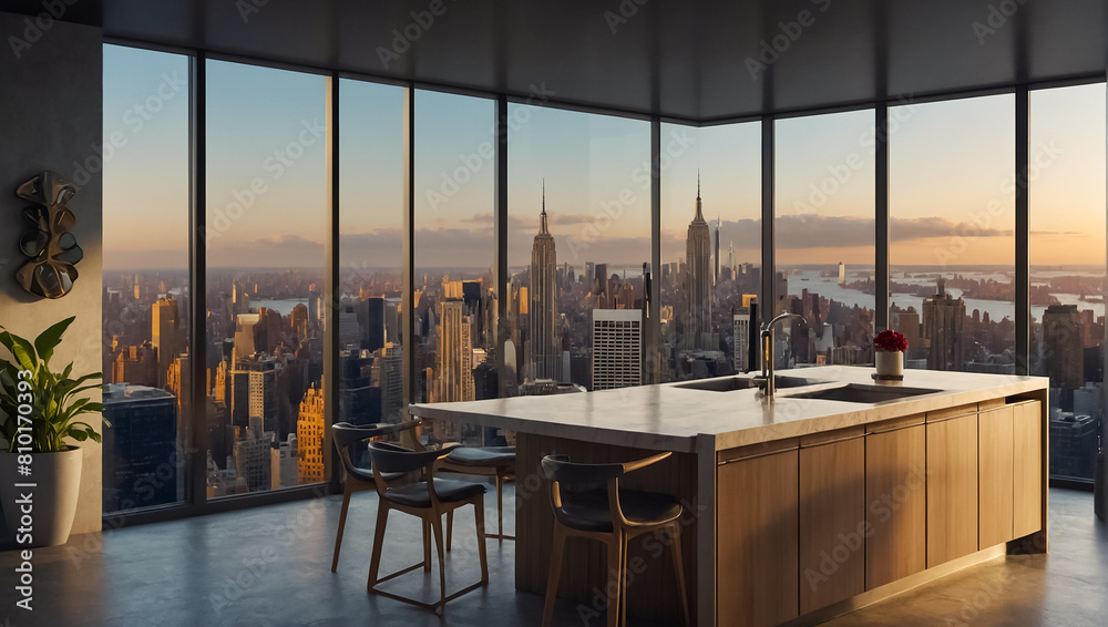 Beautiful modern kitchen with panoramic windows overlooking New York
