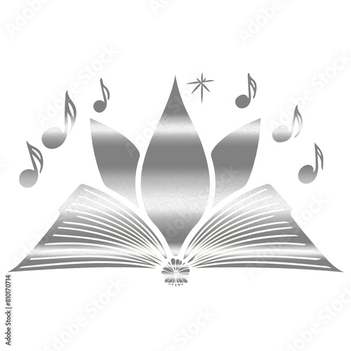 Elemento, icone, logomarca em formato de livro aberto, cores prata, prateado. Símbolos musicais ao entorno do elemento. Uma flor prata na parte baixa da logo. Bíblia. photo