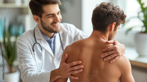 Doctor physiotherapist doing healing treatment on man's back.Back pain patient, treatment, medical doctor, massage therapist.office syndrome photo