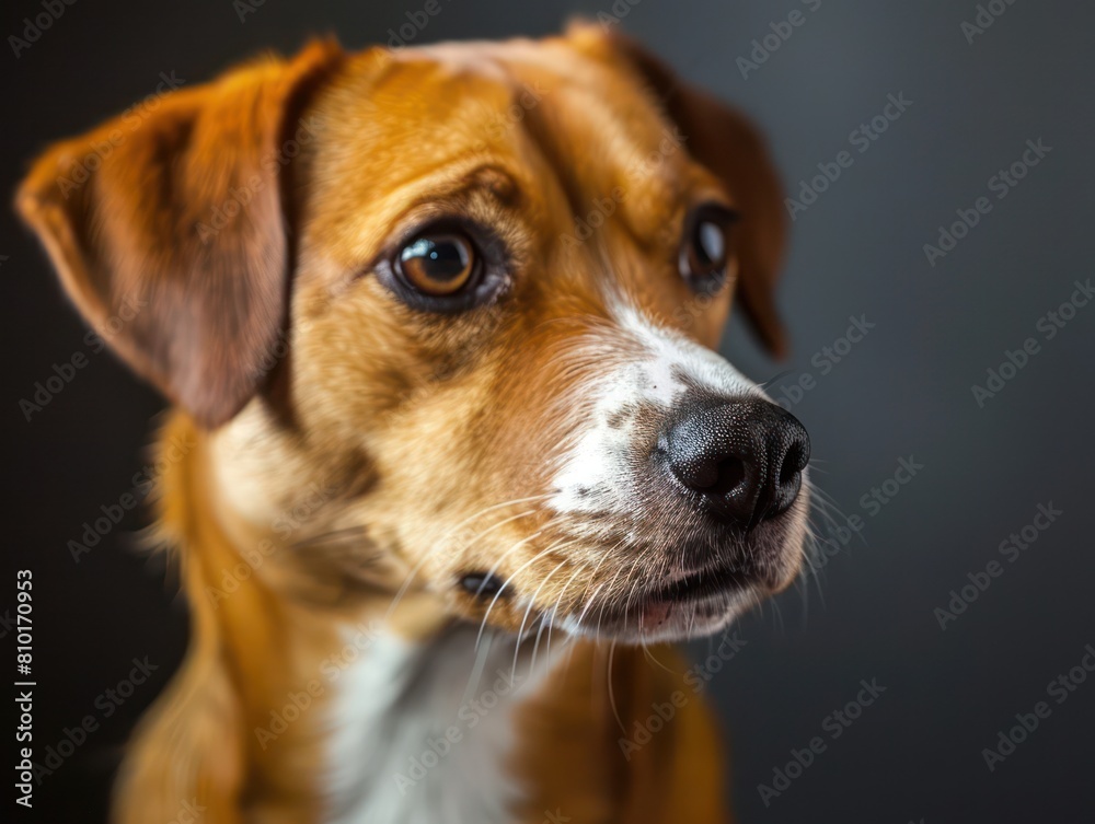 Intimate high detail portrait of a brown and white dog with attentive eyes on a dark background