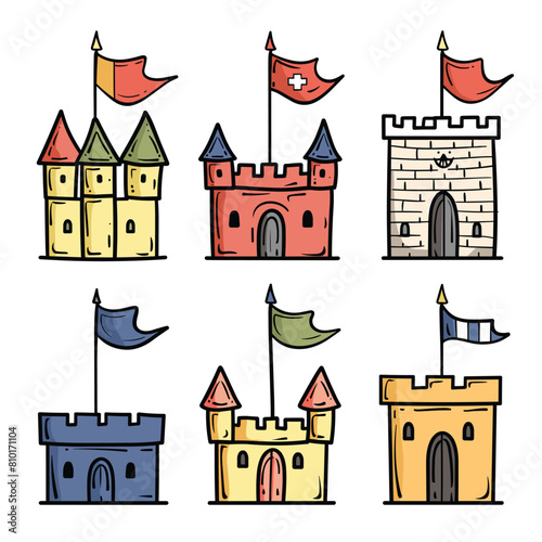 Six cartoon castles colorful whimsical doodle style set isolated white background. Medieval fantasy fortresses different designs flags towers. Handdrawn comic fort symbols children storybook