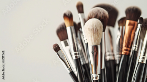 Holder with different makeup brushes on white background
