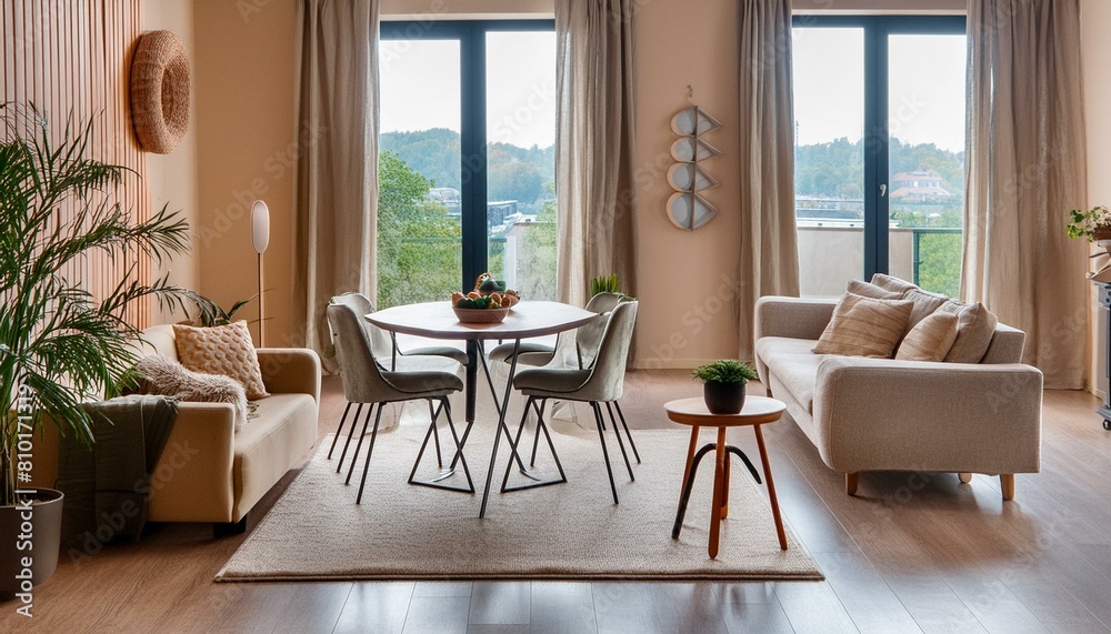 Beige home living room interior with eating table and relax zone, window Beige home living room interior with eating table and relax zone, window