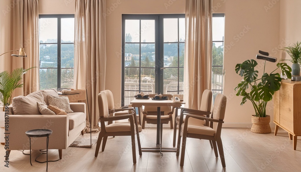 Beige home living room interior with eating table and relax zone, window