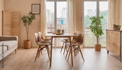 Beige home living room interior with eating table and relax zone, window