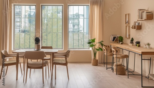 Beige home living room interior with eating table and relax zone, window