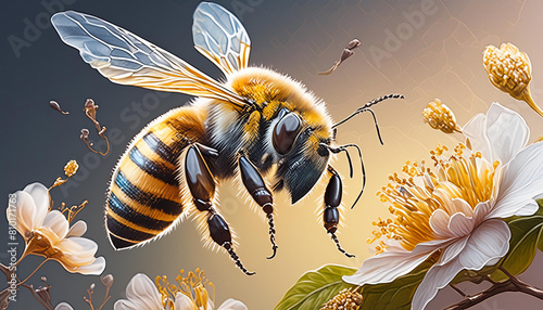 a stunning bee is flying, isolated on transparent background, macro, incredible pollinator