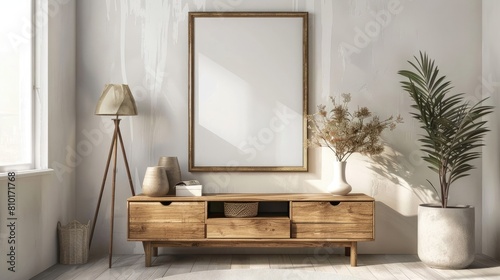 Modern home living room interior drawer and art decoration  mockup frame realistic