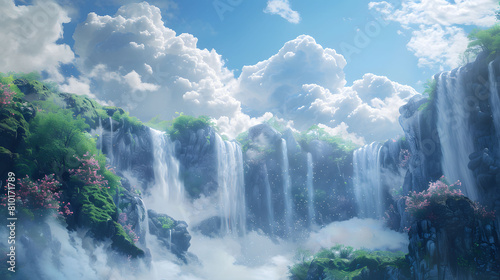 A surreal landscape where waterfalls flow into the sky  defying all logic.