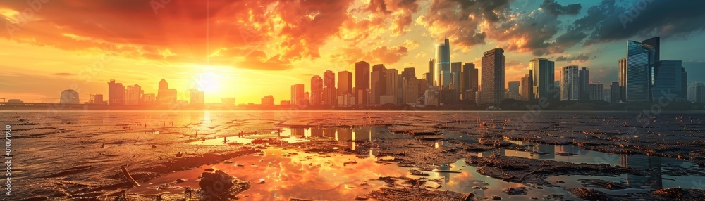 The AI-generated photo shows a beautiful sunset over a city. The warm colors of the sky and the reflection on the water create a peaceful and serene scene. The AI-generated photo shows a beautiful sunset over a city. The warm colors of the sky and the reflection on the water create a peaceful and serene scene.