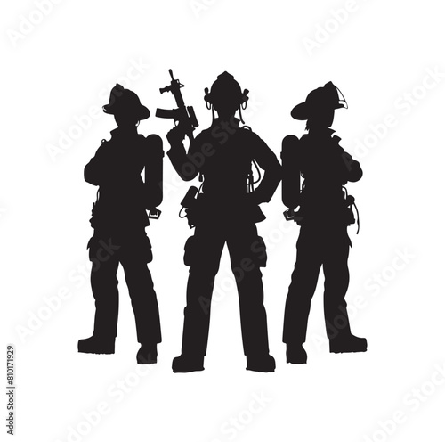 Firefighters group pose silhouette vector illustration 