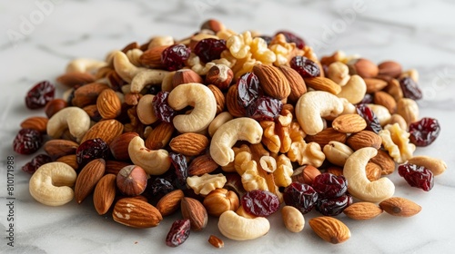 nut and fruit arrangement, assorted almonds, cashews, and cranberries displayed on marble, creating a tasty and appealing mix of nuts and dried fruits for snacking