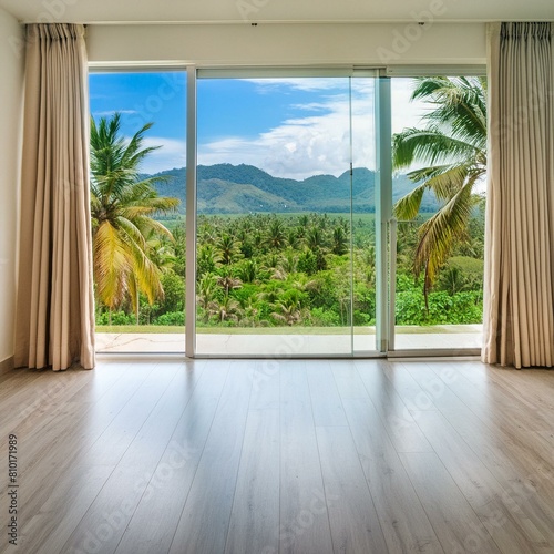 Modern home empty living room interior and panoramic window on tropics