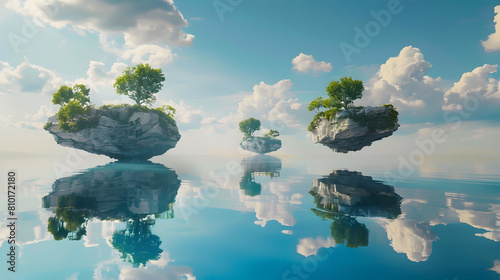 A surreal scene of floating islands above a calm, mirror-like ocean.