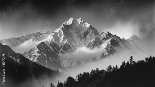 A mountain range covered in snow with a foggy sky photo