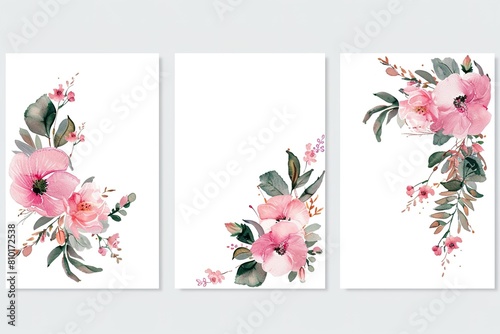 Pre made templates collection  frame - cards with pink flower bouquets  leaf branches. Wedding ornament concept. Floral poster  invite. Greeting card  invitation design background  birthday party