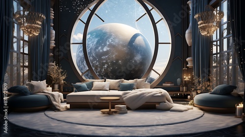 Construct a cosmic sanctuary living room with celestial motifs and a sense of tranquility