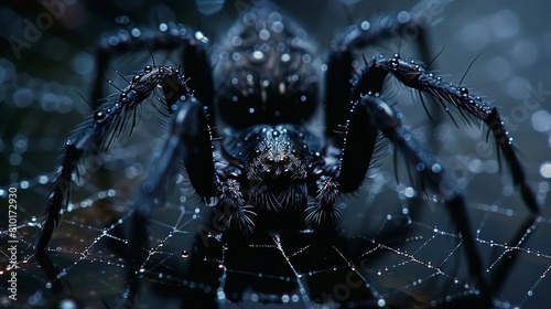 Mystical spider on dewy web photo