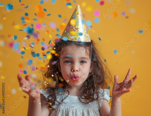 Little Girl Wearing Party Hat Blowing Confetti