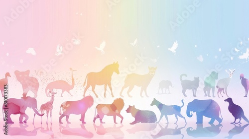 A colorful drawing of animals in a field with a bright blue sky