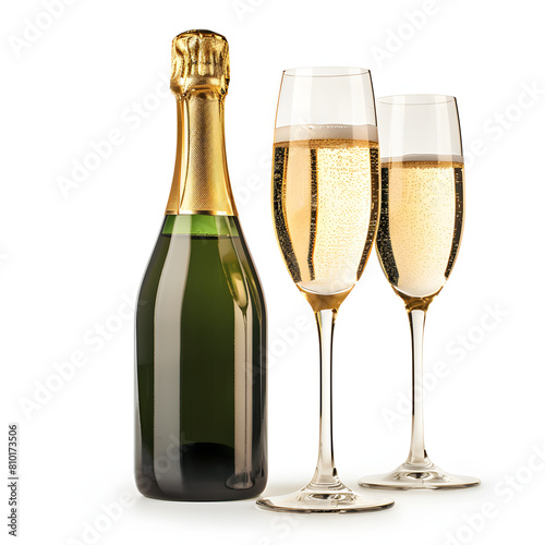 Champagne and glasses isolated on white background, vintage, png
