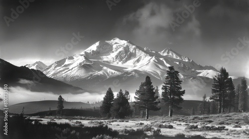 A mountain range with snow on the peaks and a foggy sky photo