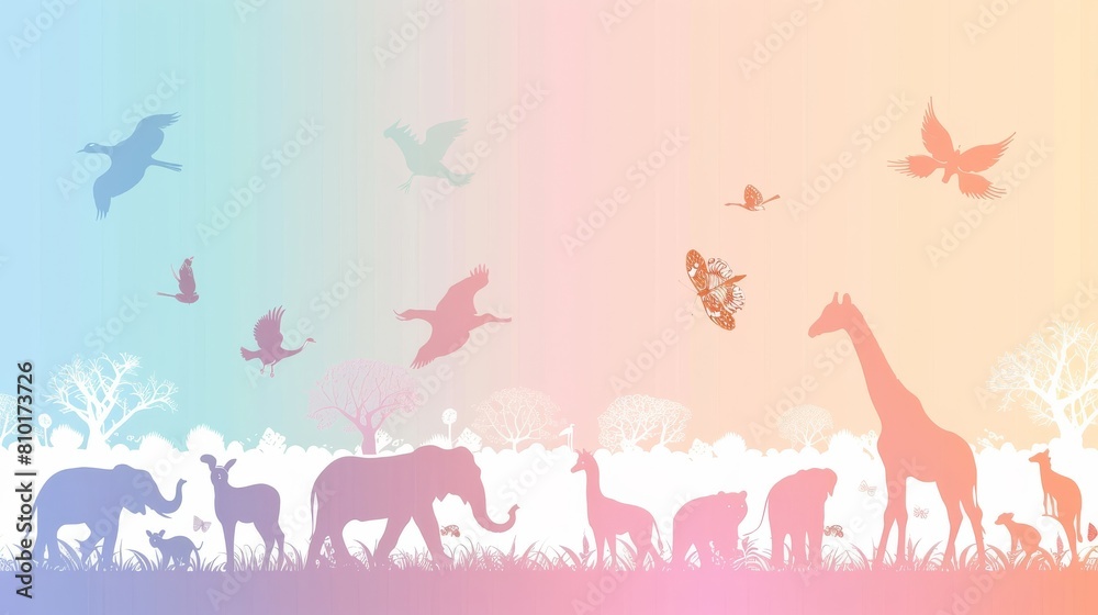 A colorful background with a variety of animals, including giraffes, elephants A colorful background with a variety of animals, including giraffes, elephants