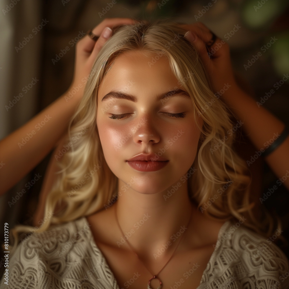 Fototapeta premium A private spa day, where luxurious treatments and serene surroundings promise a retreat from the everyday, Relaxed Woman Receiving A Back Massage At Health Spa,