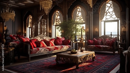 Construct a Persian palace-inspired living room with opulent fabrics and intricate patterns photo