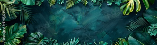 The image is a dark green background with a lush border of green leaves. photo