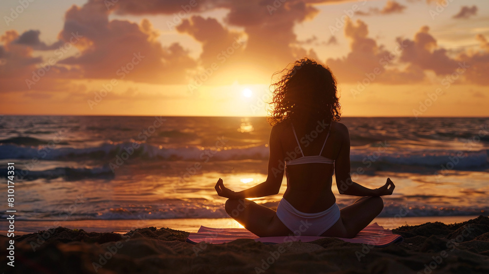 Young woman practicing yoga on the beach at sunrise. Concept of healthy lifestyle and relaxation.