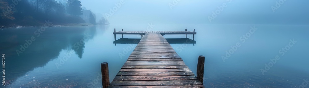 Fototapeta premium The image is a photo of a dock extending out into a calm lake on a foggy day