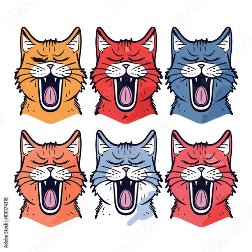 Six cartoon cats yowling, different color fur. Expression disbelief surprise, comic style, graphic print tshirt design. Cartoon felines open mouths, exaggerated emotional display