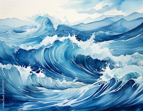 bstract blue watercolor ocean waves with dynamic motion and splash