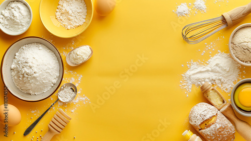Ingredients for preparing bakery and utensils on yellow