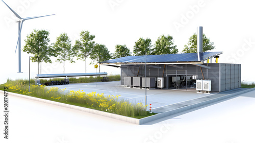Renewable energy farm with hydrogen production facilities in the background isolated on white background, png
 photo