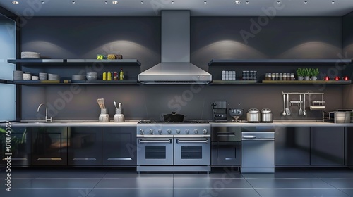 Modern hotel kitchen interior with washbasin and stove, minimalist shelves realistic