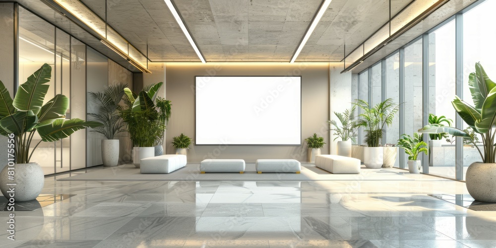 Fototapeta premium Modern office lobby interior with blank poster on wall