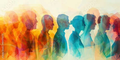 Silhouette of a group of people in front of a colored background