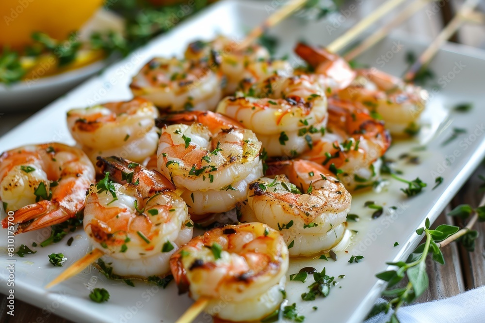 White Plate With Shrimp Skewers and Parsley Garnish White Plate With Shrimp Skewers and Parsley Garnish