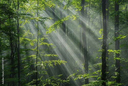 Sun rays filtering through dense tree canopy, painting a picturesque scene of light and shadow in the tranquil woods