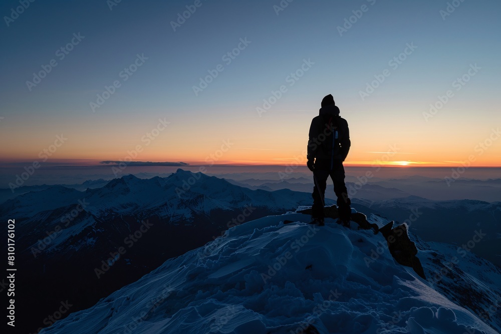 Silhouette standing majestically snow peak basking glow sunset majestic top mountain summit nature landscape outdoors twilight dusk horizon panoramic framed distant zoom wide angle