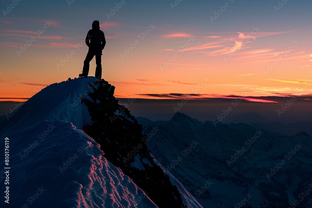 Silhouette standing majestically snow peak basking glow sunset majestic top mountain summit nature landscape outdoors twilight dusk horizon panoramic framed distant zoom wide angle