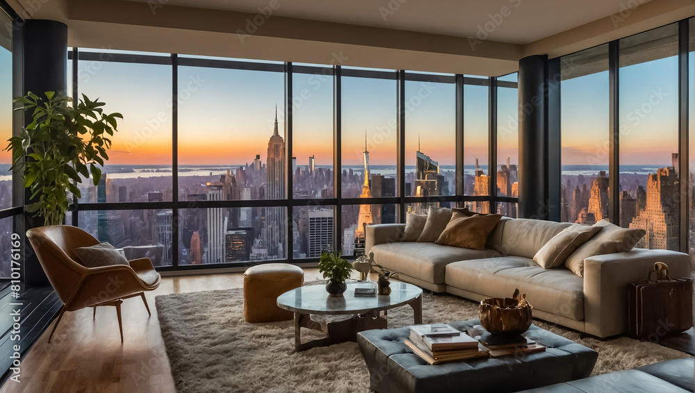 Fototapeta premium beautiful modern living room with panoramic windows overlooking New York