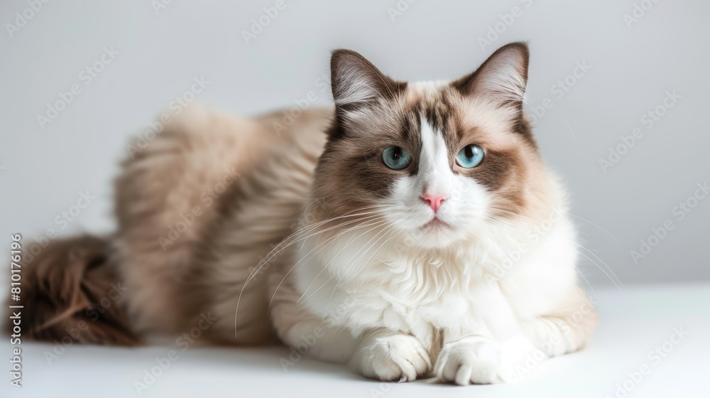Ragdoll cat with blue eyes sitting on a plain background. Studio pet portrait with copy space