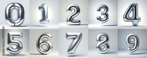 3D Render of silver inflatable foil baloons set. Bright party decoration figures. silver numbers isolated on white background. 