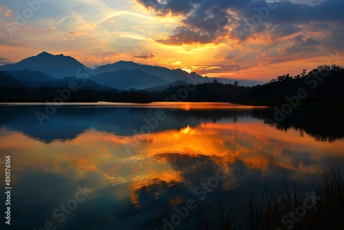 Silhouette mountain's framed fading sunlight moment reflection peace