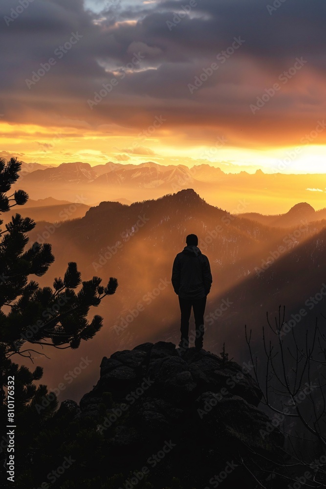 Silhouette mountain crest framed last light moment quiet contemplation