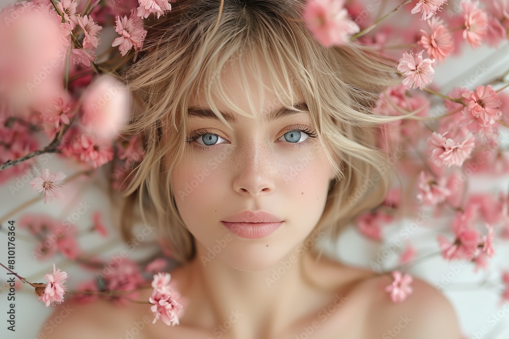 A beautiful woman's portrait framed by blooming cherry blossoms in a spring setting A beautiful woman's portrait framed by blooming cherry blossoms in a spring setting